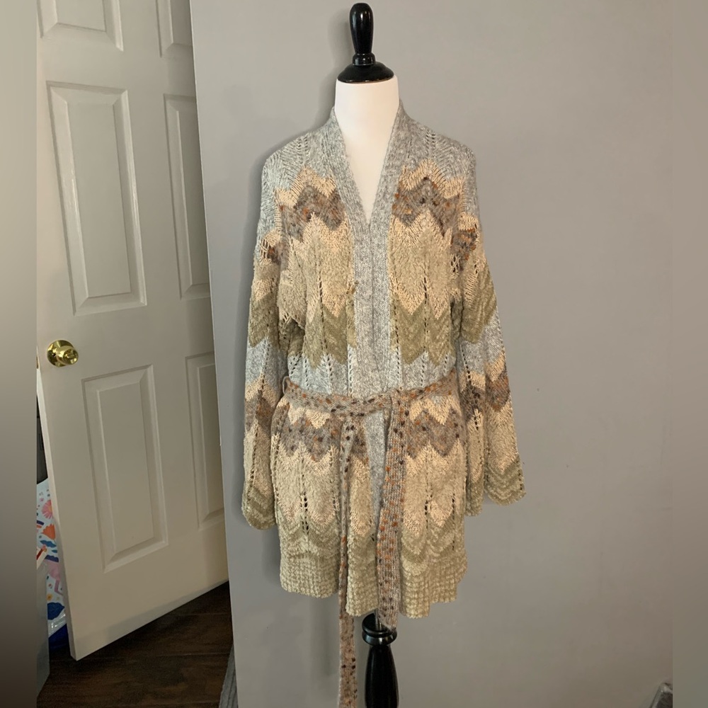Anthropologie Meadow Rue long belted tan grey neutral cardigan large
